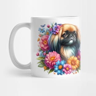 A pekingese decorated with beautiful colorful flowers. Mug